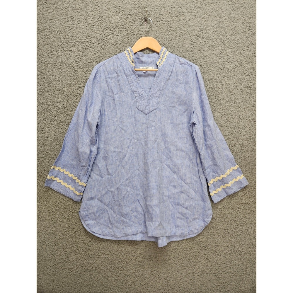 Chico's Linen Tunic Top 2 L Blue Ric Rac Trim Split Neck Coastal Boho